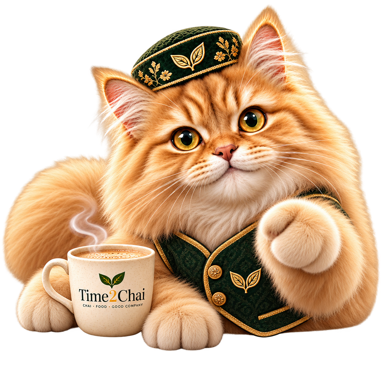 Pasha, Time2Chai’s ginger Persian cat mascot, pointing toward the menu